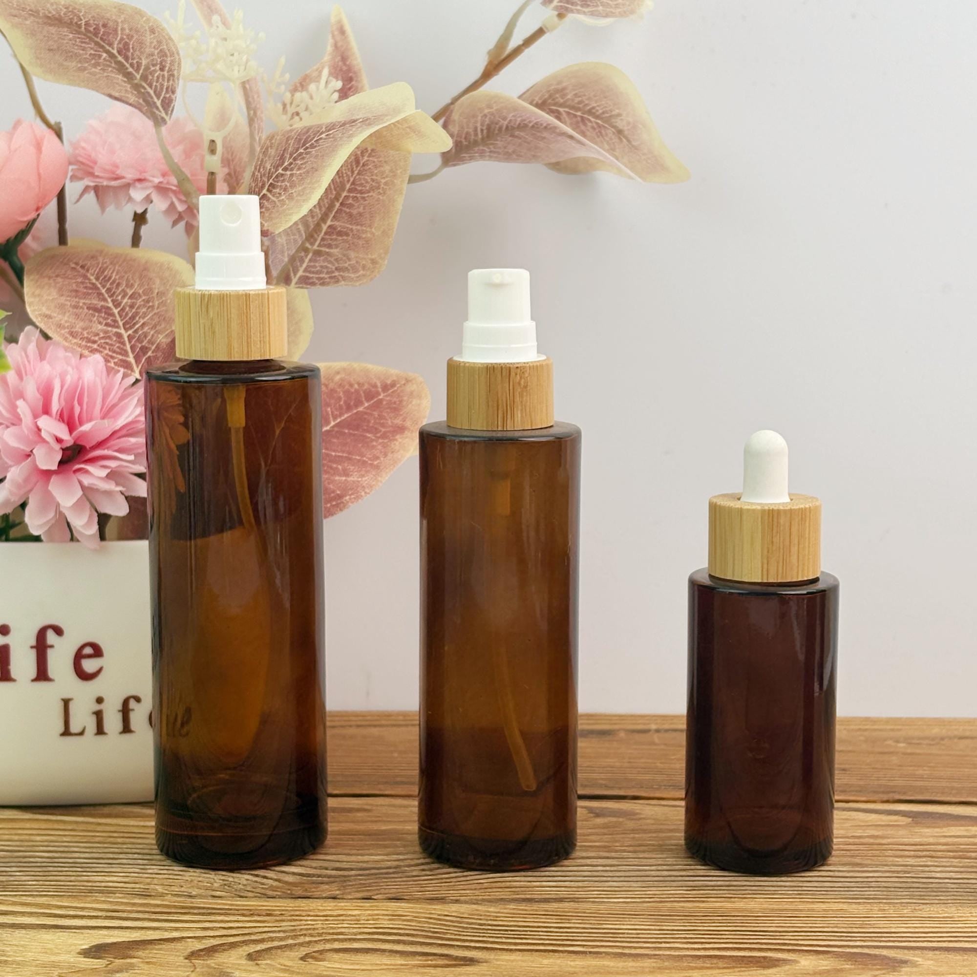 Amber Glass Bottle with Bamboo Collar Spray Lotion Pump Dropper
