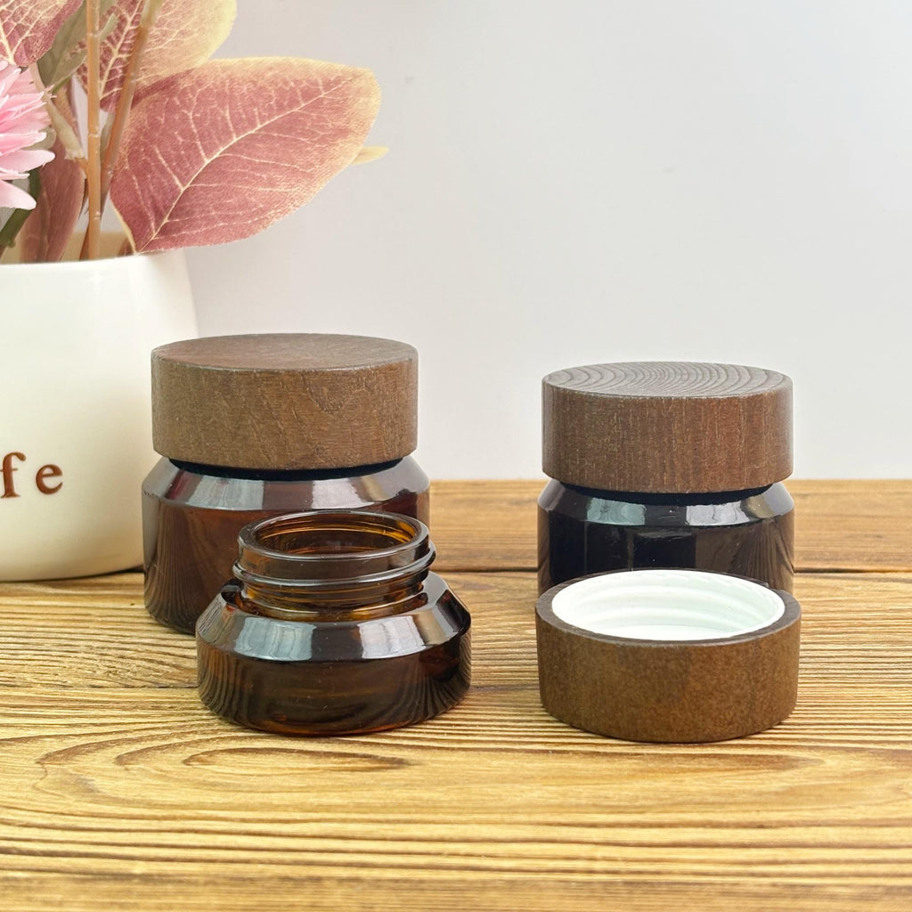 15g 30g 50g Amber Glass Cream Jars with Wood Caps
