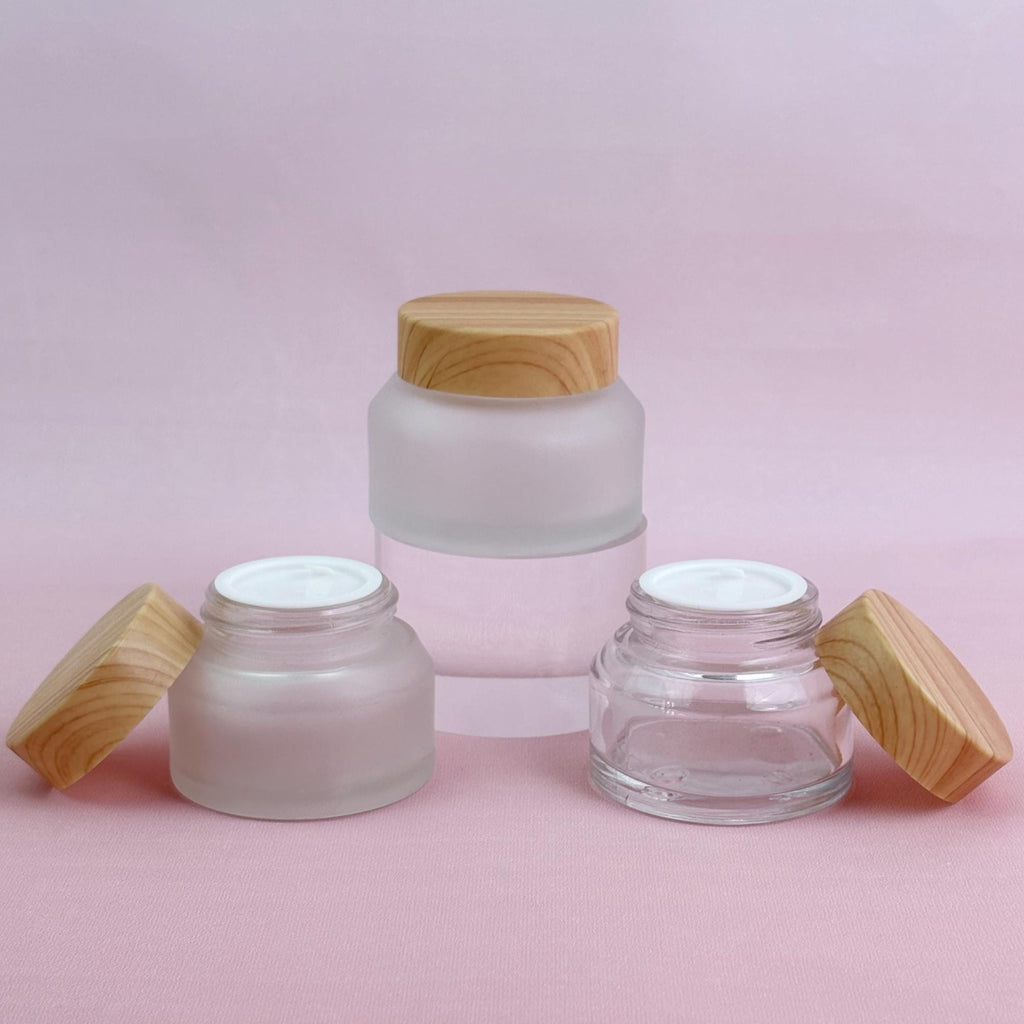 Refillable Glass Cream Jars with Wood-Look Plastic Caps