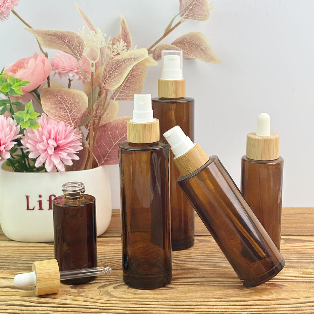 Amber Glass Bottle with Bamboo Collar Spray Lotion Pump Dropper