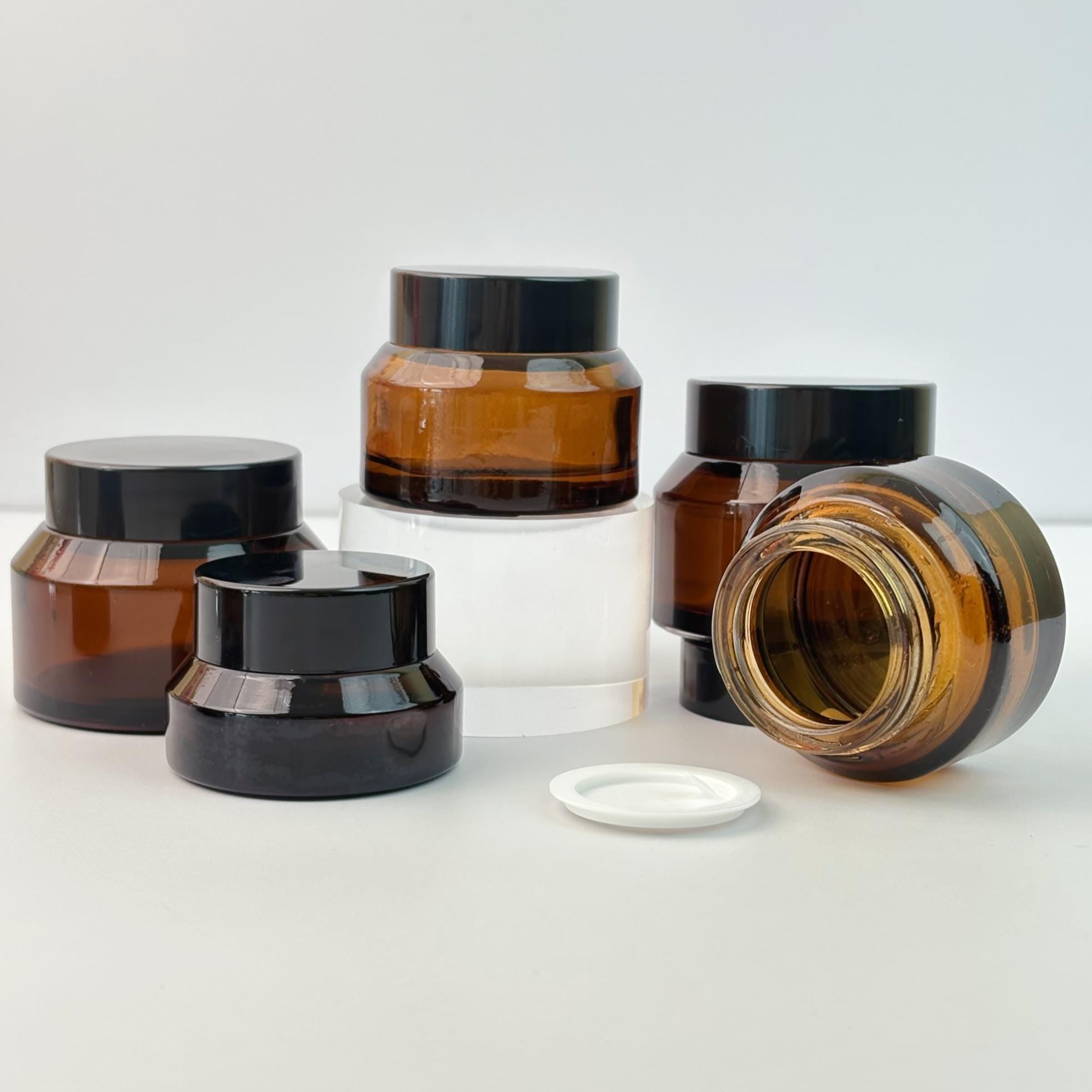 Amber Glass Cream Jars with Black Lid and Inner Liner