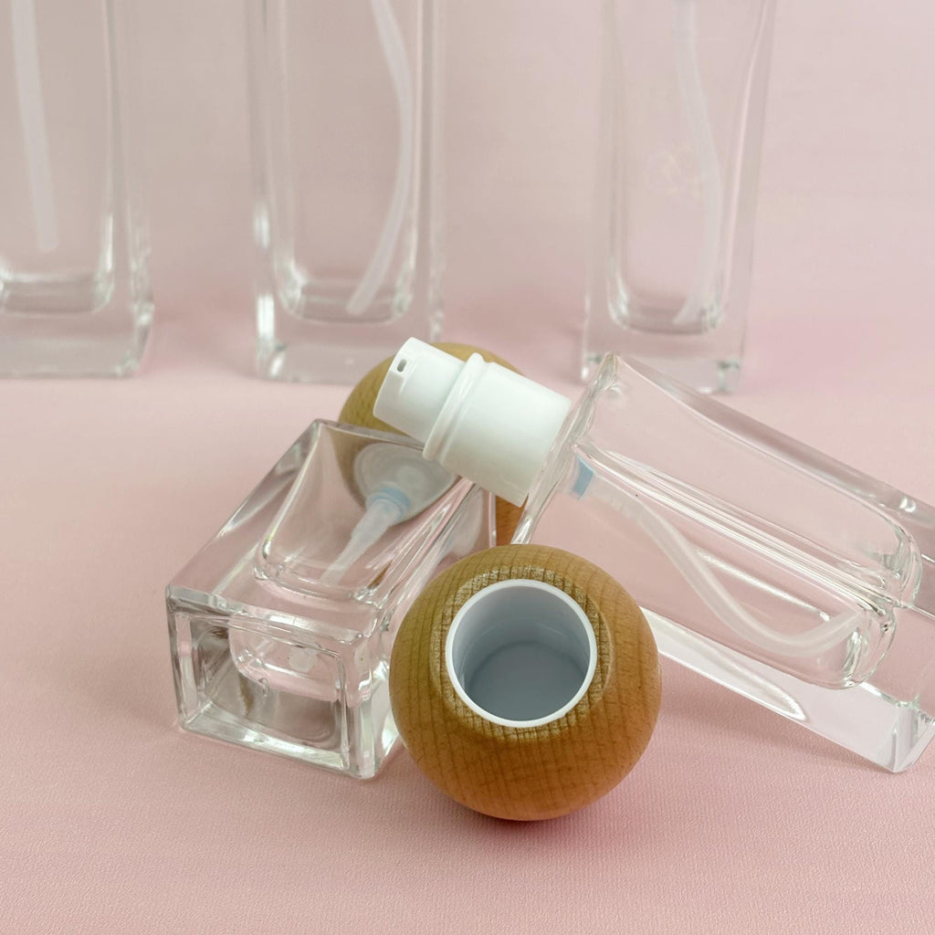 Clear Glass Cosmetic Container with Wooden Cap