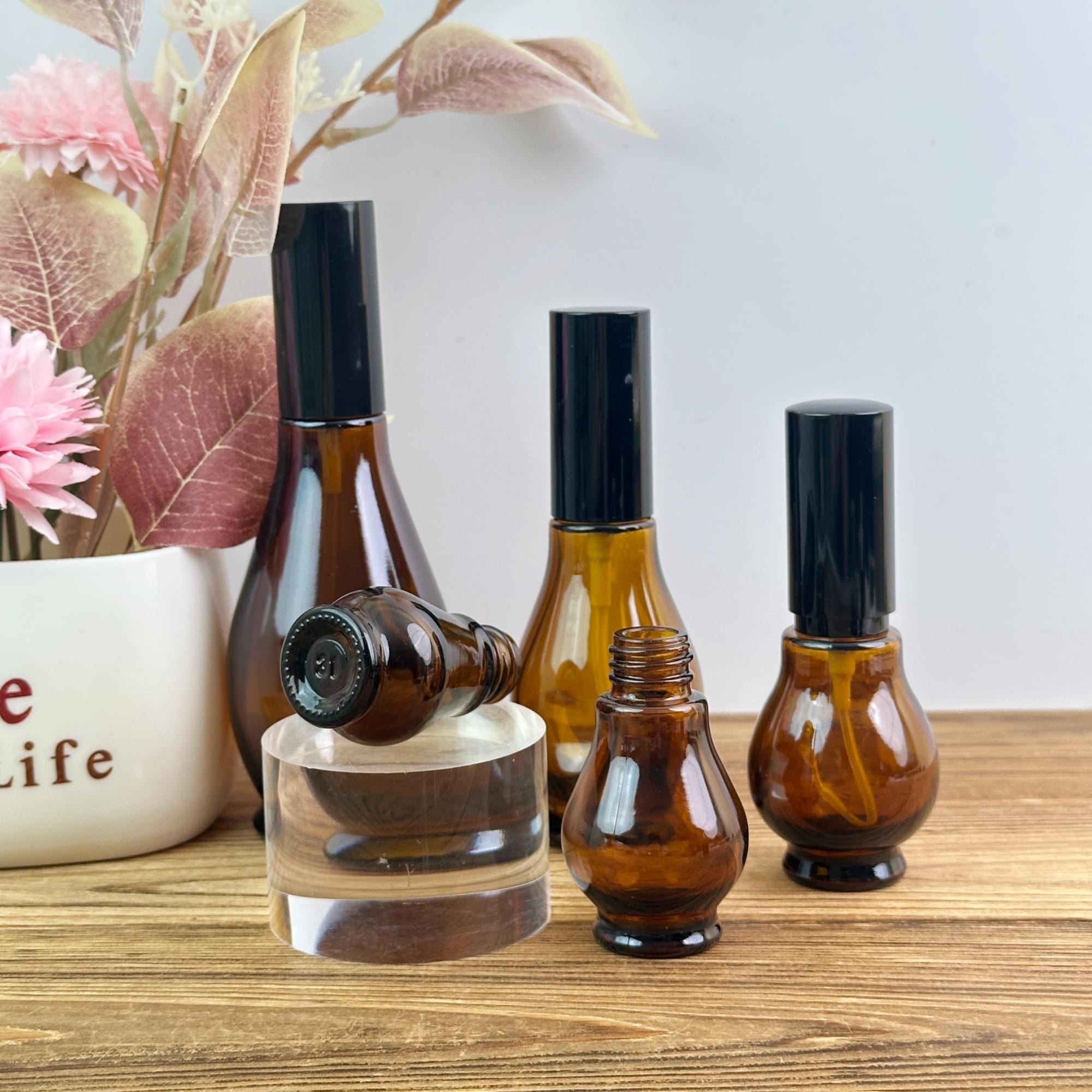Amber Glass Fine Mist Spray Bottles with Black Caps