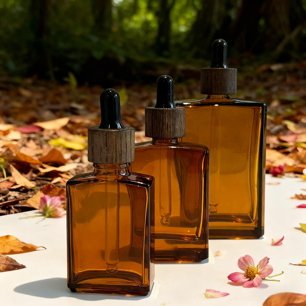 Empty Amber Glass Cosmetic Containers with Wooden Cap