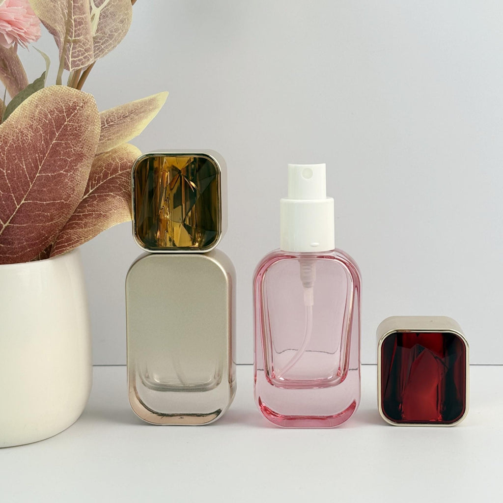 Faceted Gem-Cap Square Glass Spray Bottles