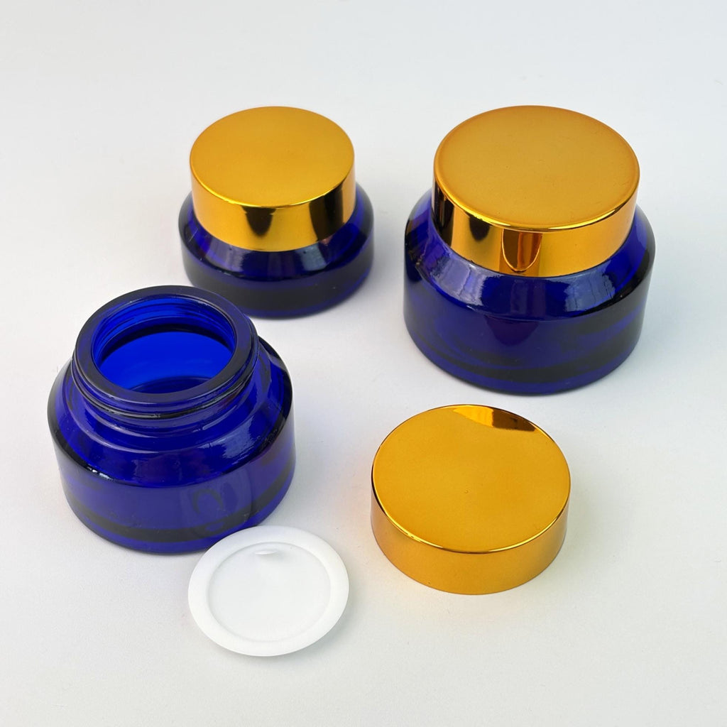 Sapphire Blue Glass Cosmetic Cream Jars with Gold Plastic Cap
