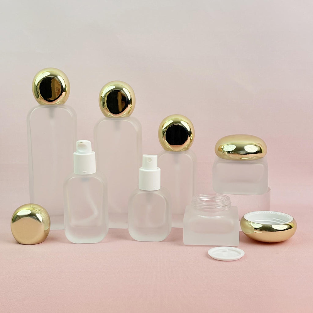 Frosted Glass Skincare Container with Light Gold Caps