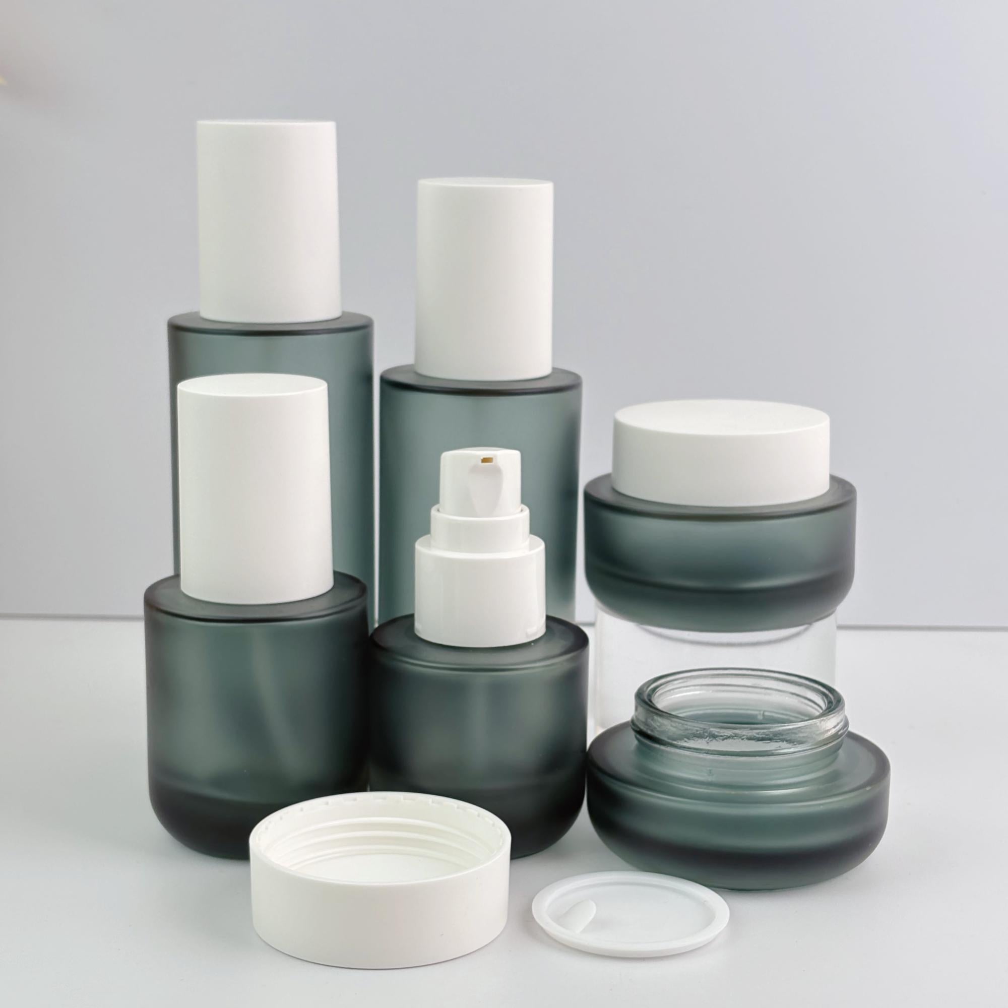 Premium Frosted Green Glass Cosmetic Bottles & Cream Jars