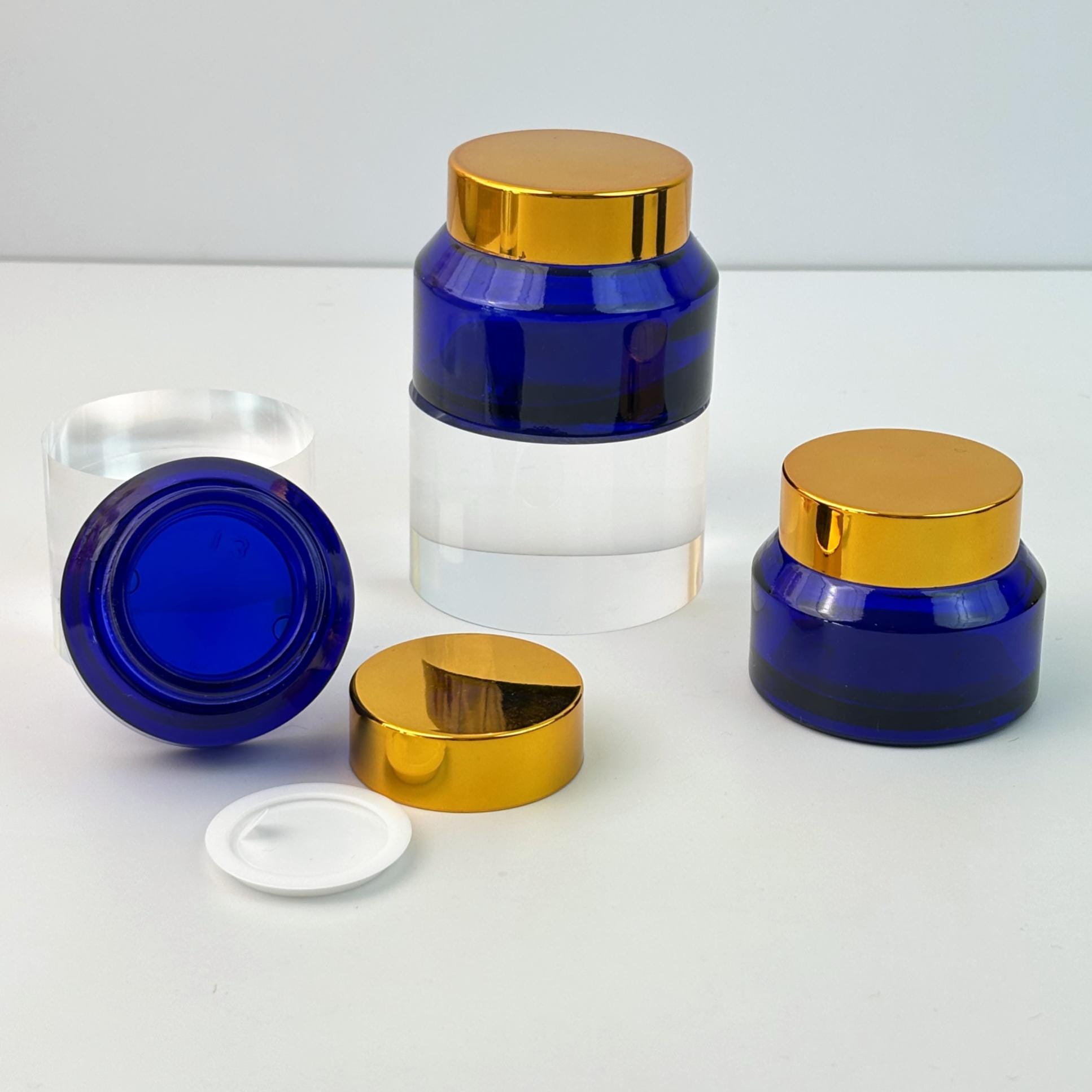 Sapphire Blue Glass Cosmetic Cream Jars with Gold Plastic Cap