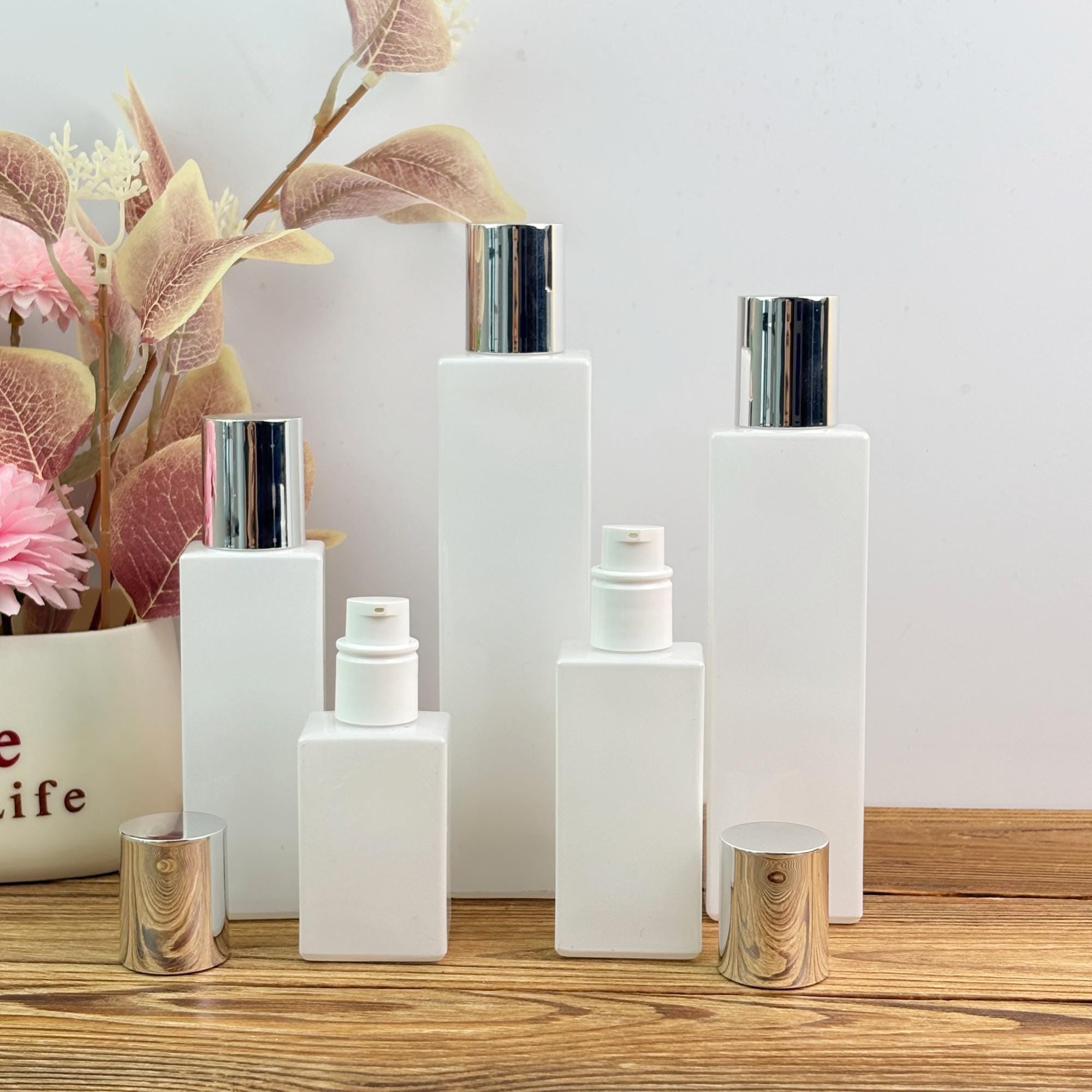 Elegant White Square Glass Cosmetic Containers
