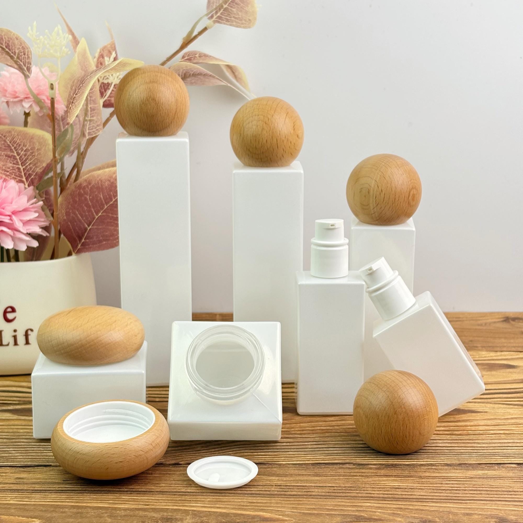 White Glass Lotion Bottle and Cream Jar