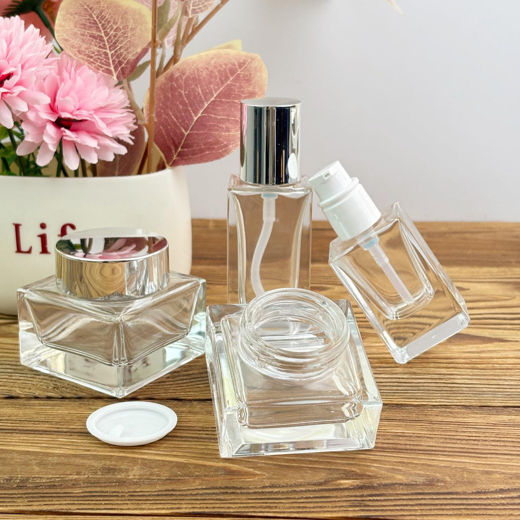 Clear Glass Lotion Bottle and Cream Jar