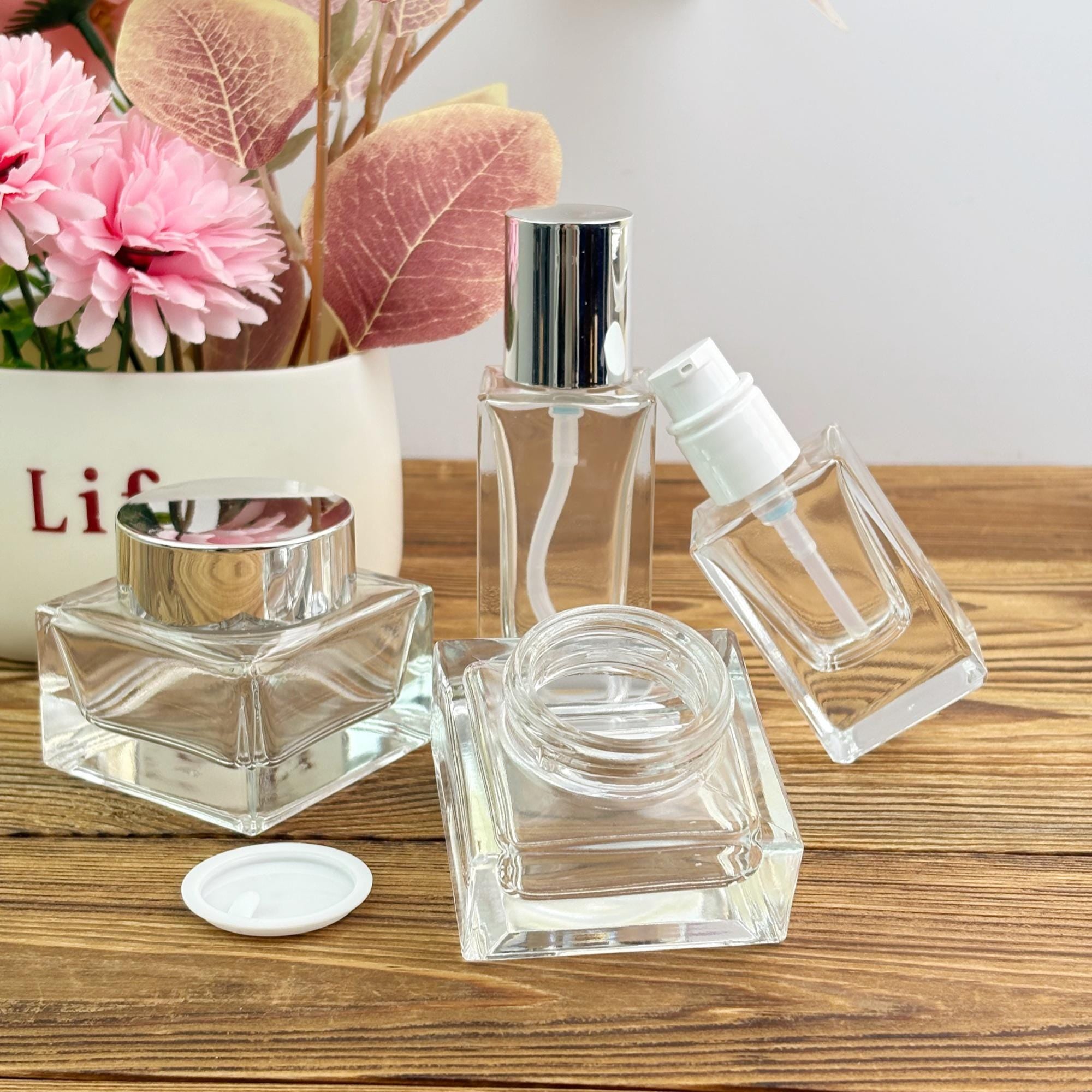 Clear Glass Lotion Bottle and Cream Jar