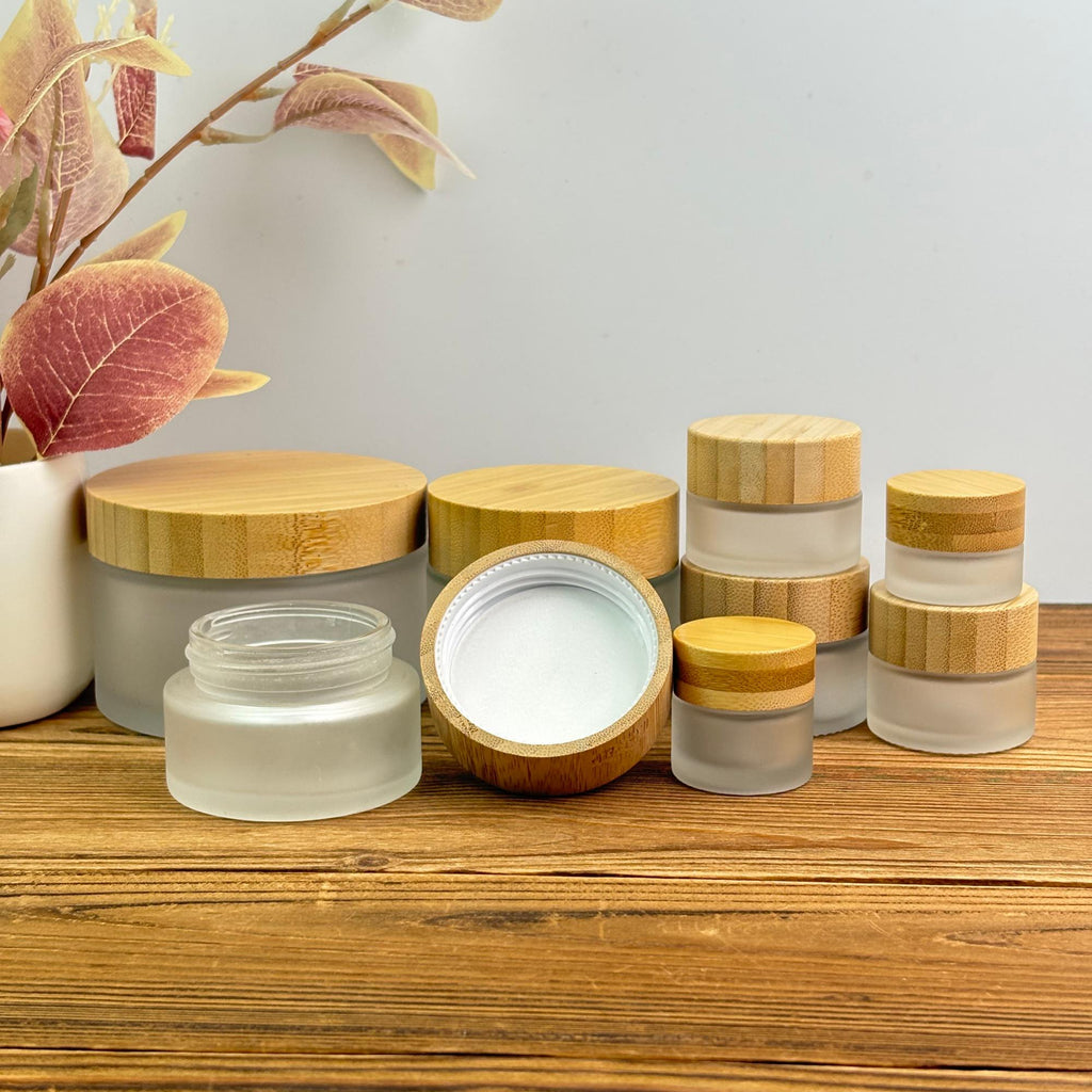 Frosted Glass Cream Jar with Bamboo Cap, Empty Cosmetic Container