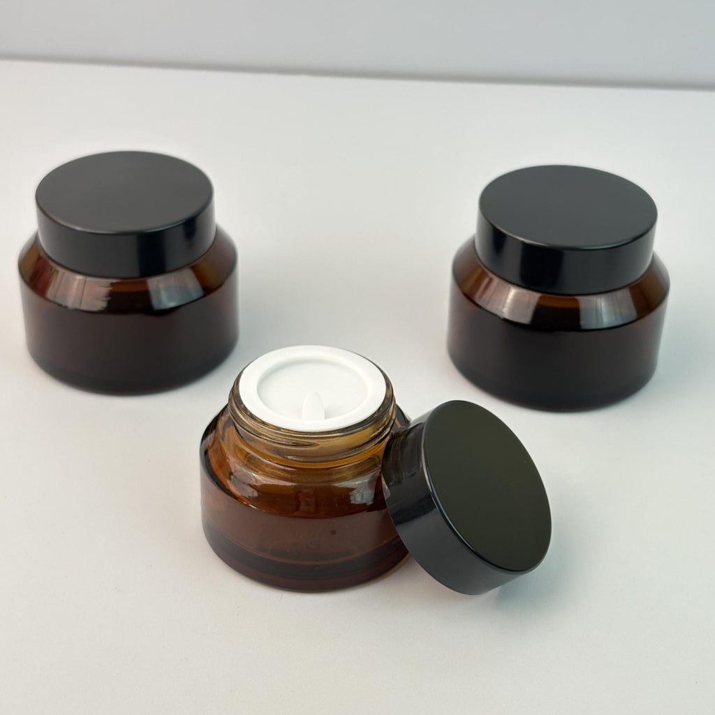 Amber Glass Cream Jars with Black Lid and Inner Liner