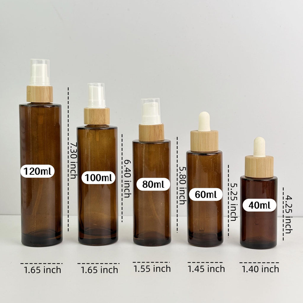 Amber Glass Bottle with Bamboo Collar Spray Lotion Pump Dropper