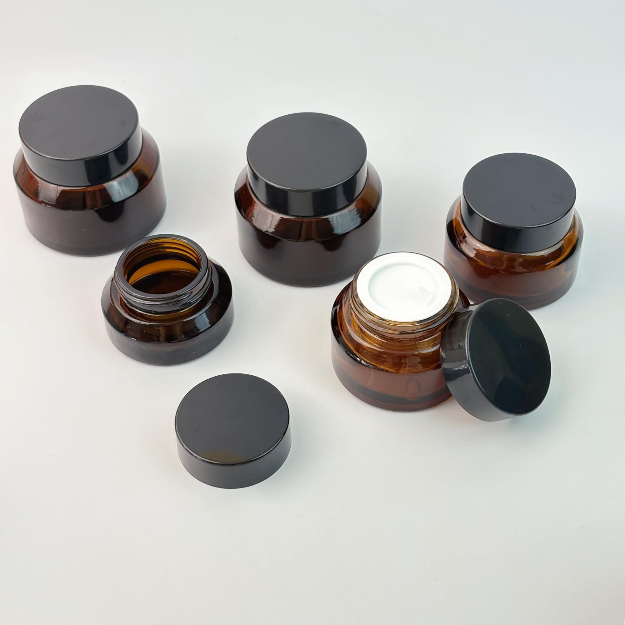 Amber Glass Cream Jars with Black Lid and Inner Liner
