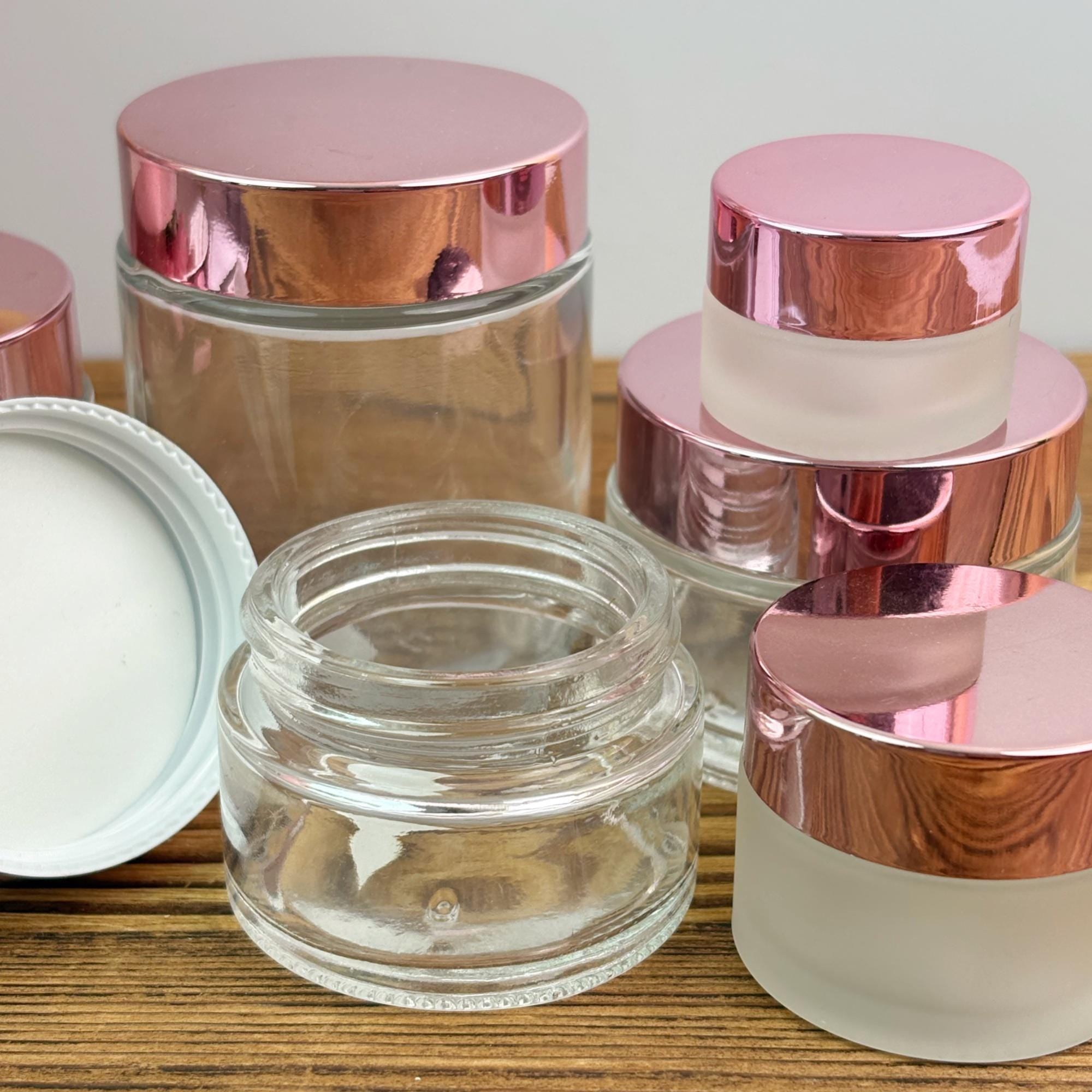 Glass Cream Jars with Rose Gold Plastic Caps