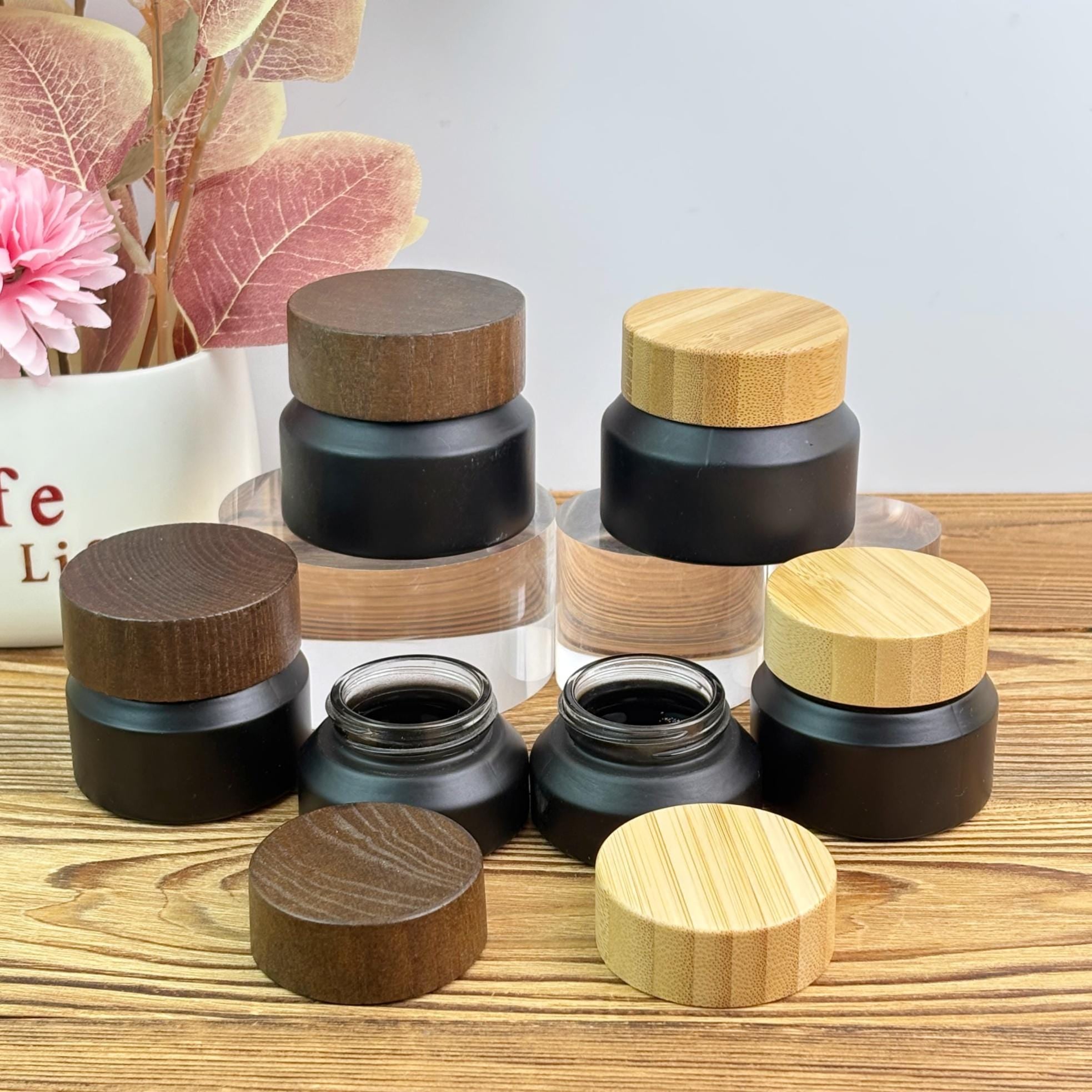15g 30g 50g Black Matte Glass Cream Jar with Wooden Cap