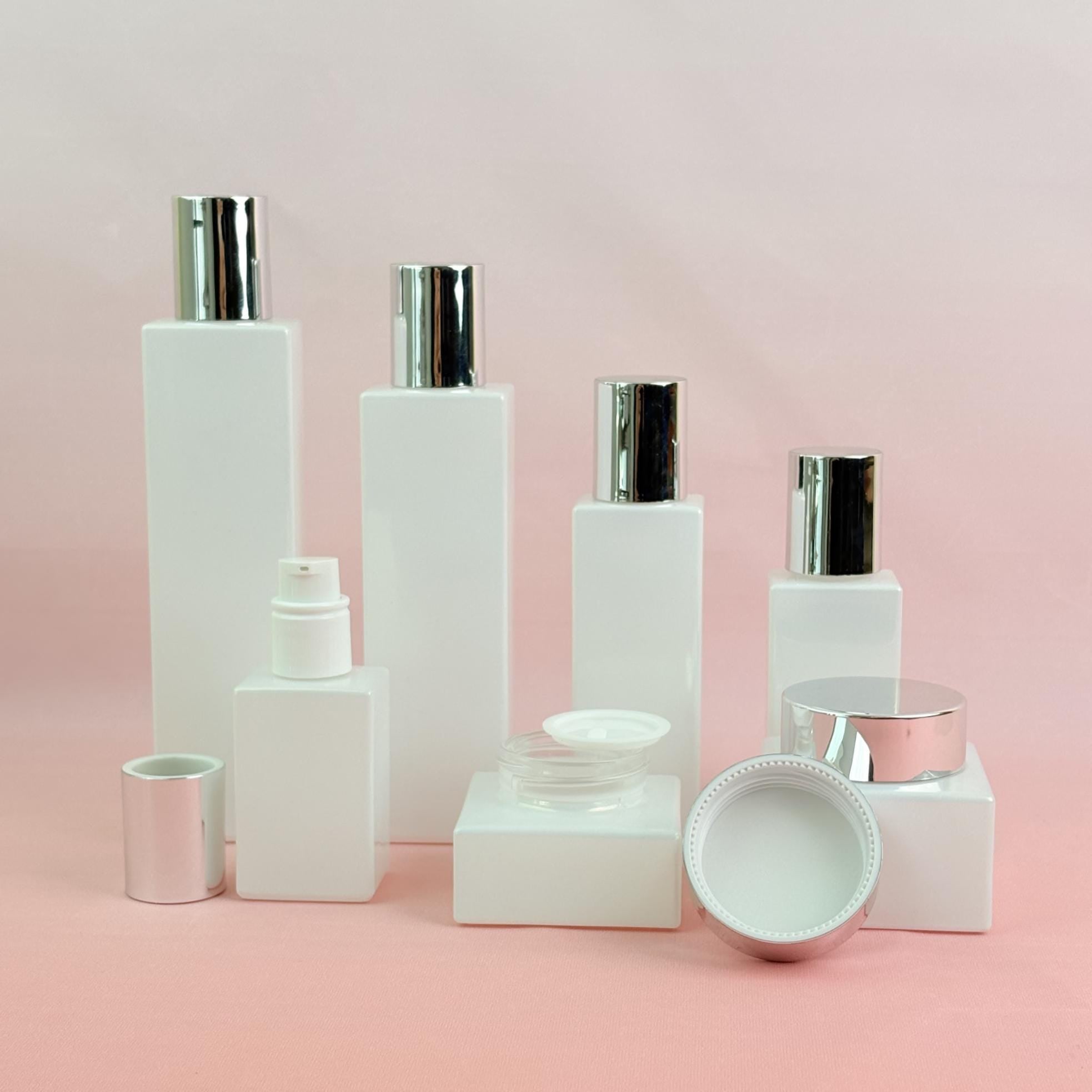 Elegant White Square Glass Cosmetic Containers