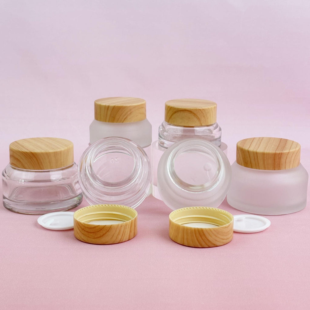 Refillable Glass Cream Jars with Wood-Look Plastic Caps
