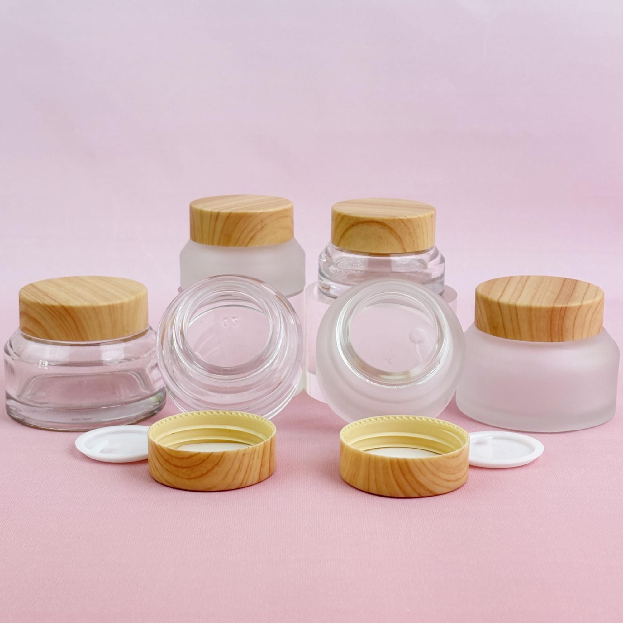 Refillable Glass Cream Jars with Wood-Look Plastic Caps