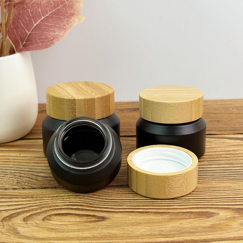 15g 30g 50g Black Matte Glass Cream Jar with Wooden Cap