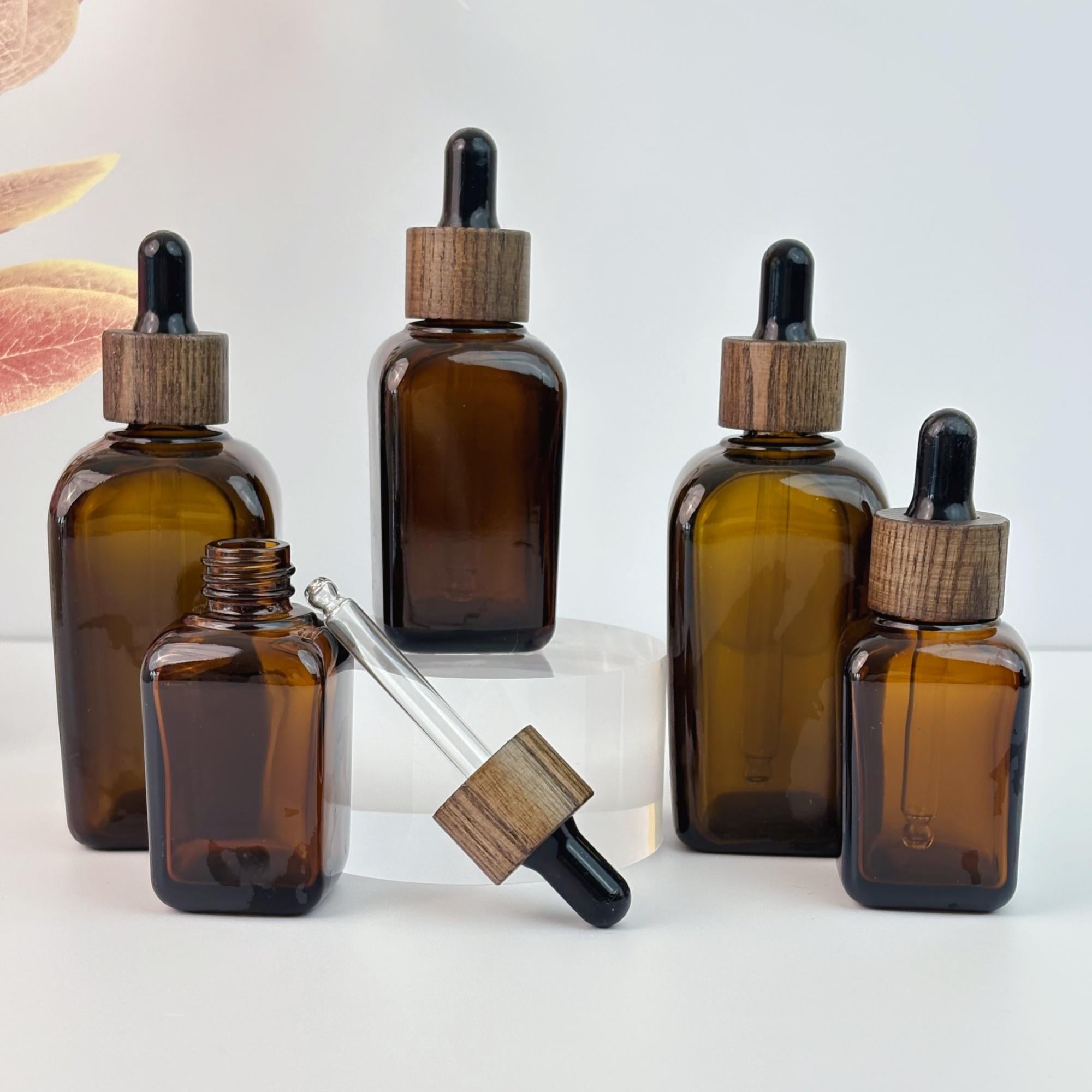 Amber Glass Square Dropper Bottles