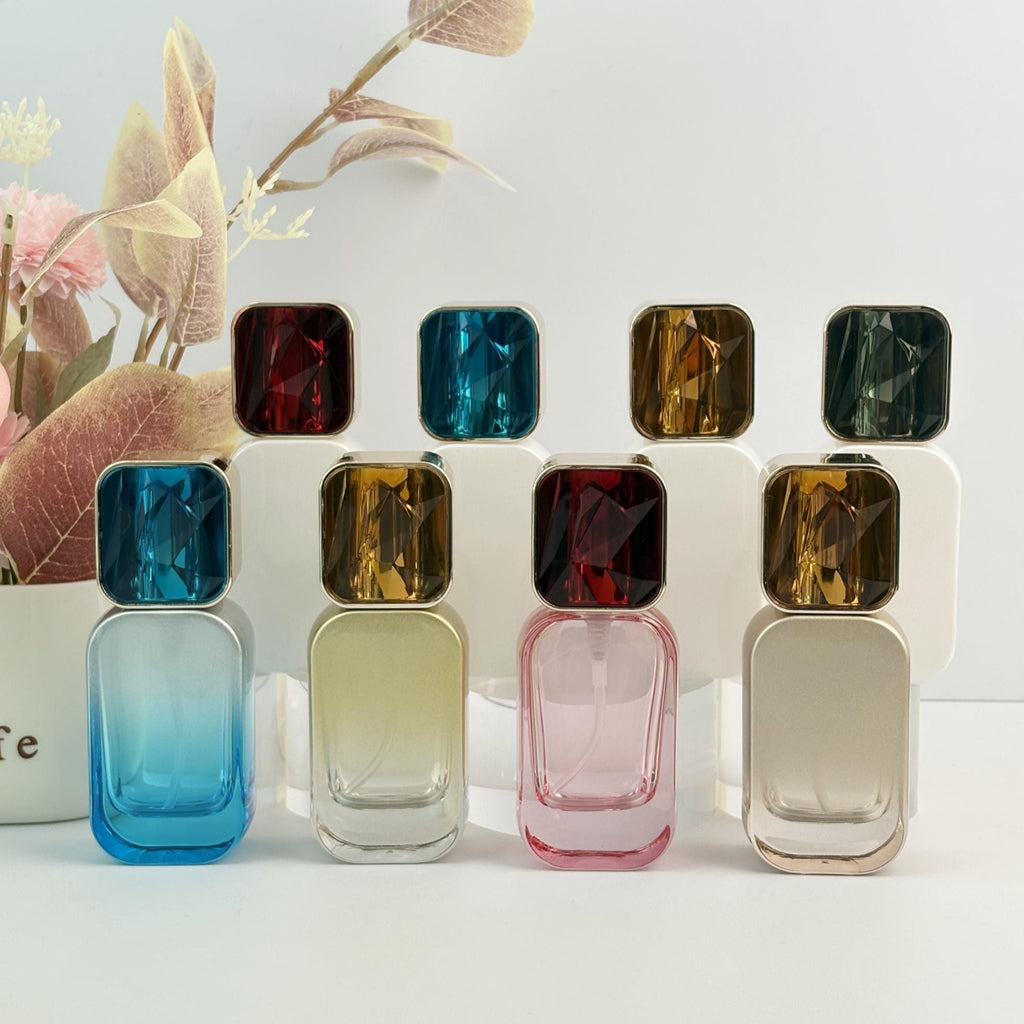Faceted Gem-Cap Square Glass Spray Bottles