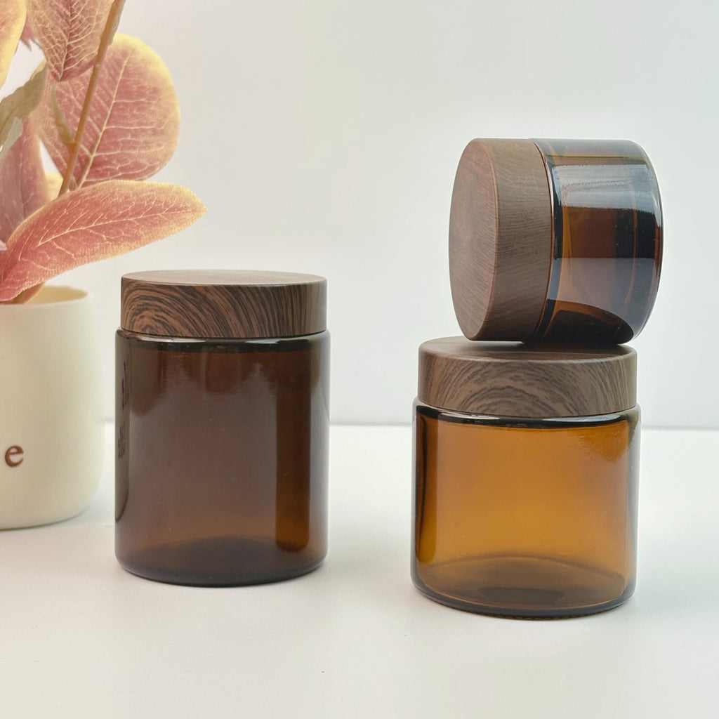 Amber Glass Cream Jars With Plastic Wood Printing Caps