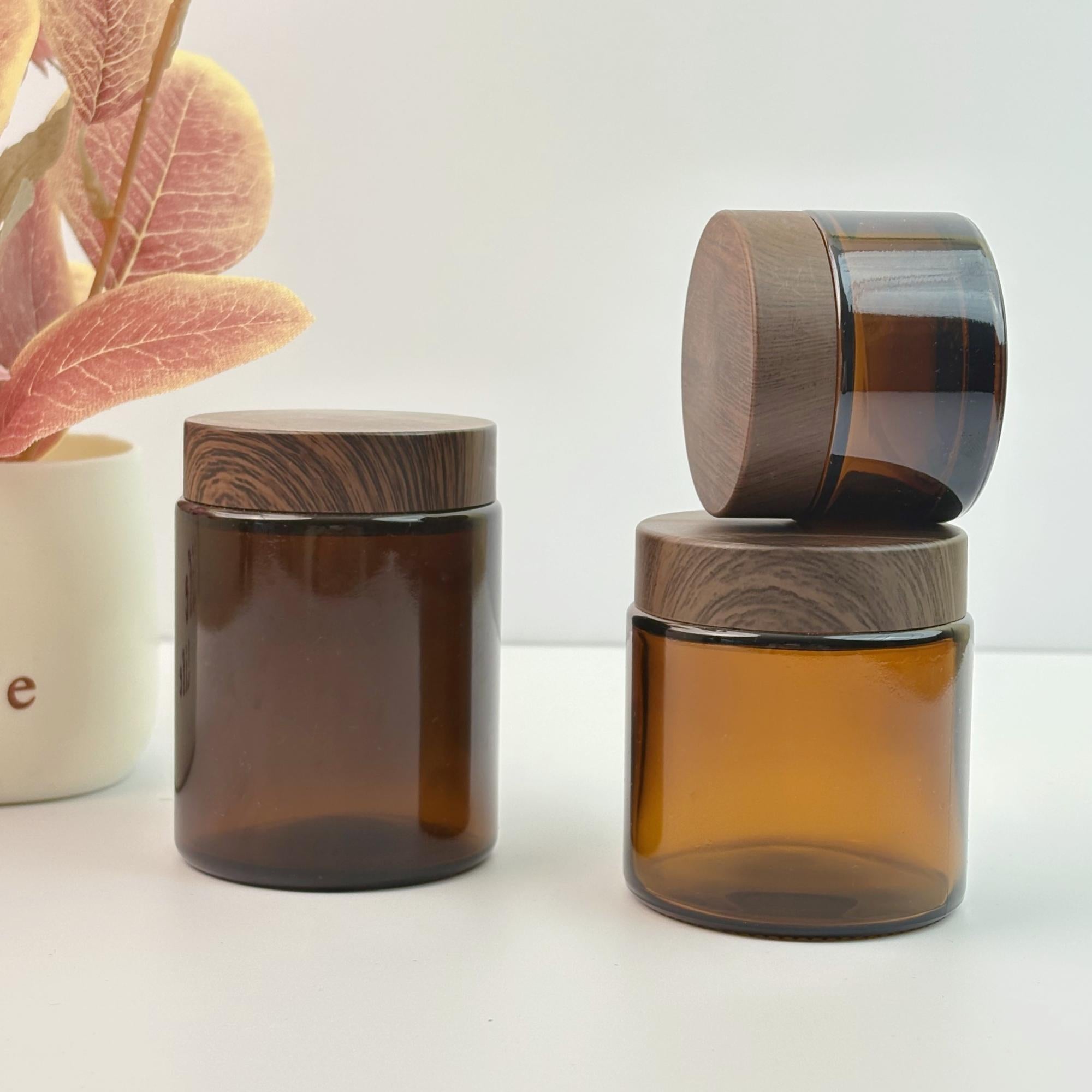 Amber Glass Cream Jars With Plastic Wood Printing Caps