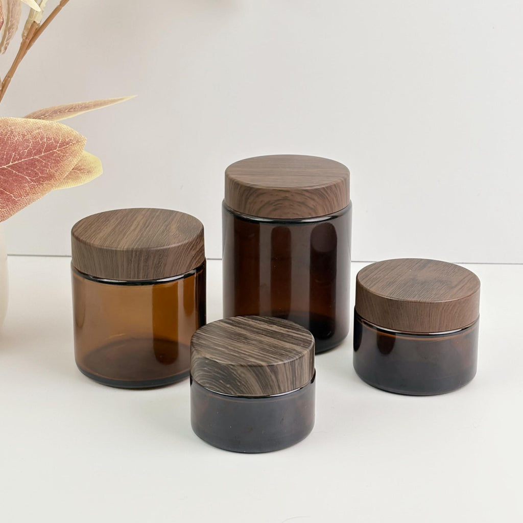 Amber Glass Cream Jars With Plastic Wood Printing Caps