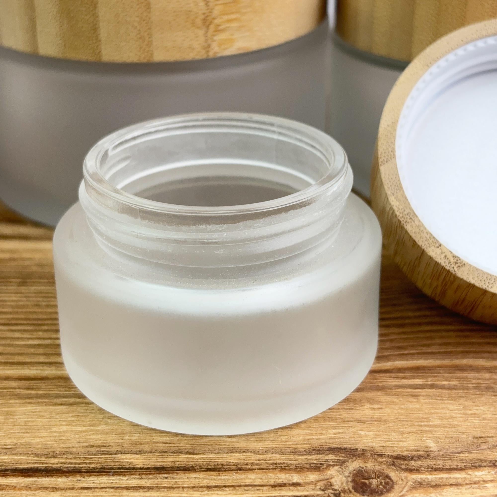 Frosted Glass Cream Jar with Bamboo Cap, Empty Cosmetic Container