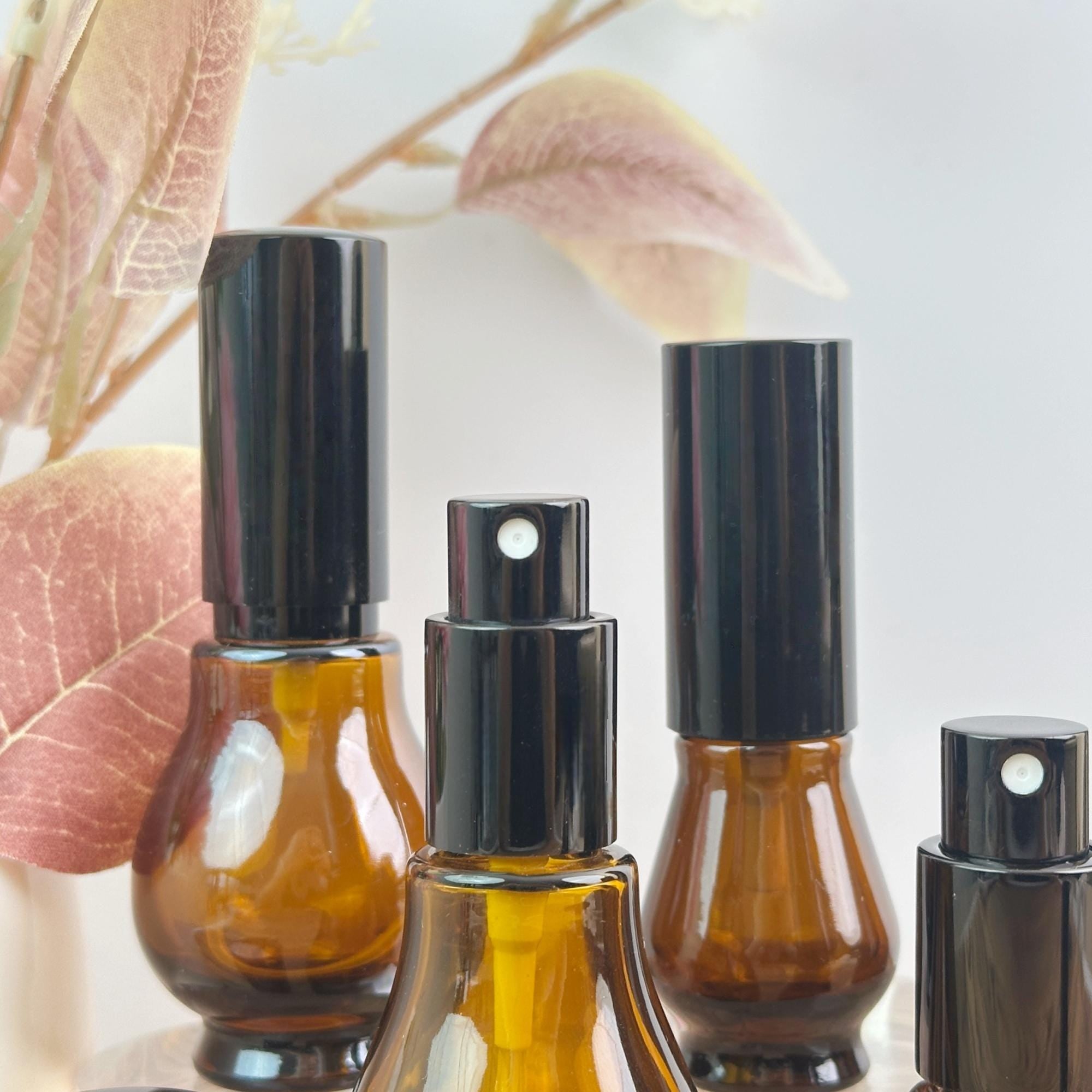 Amber Glass Fine Mist Spray Bottles with Black Caps