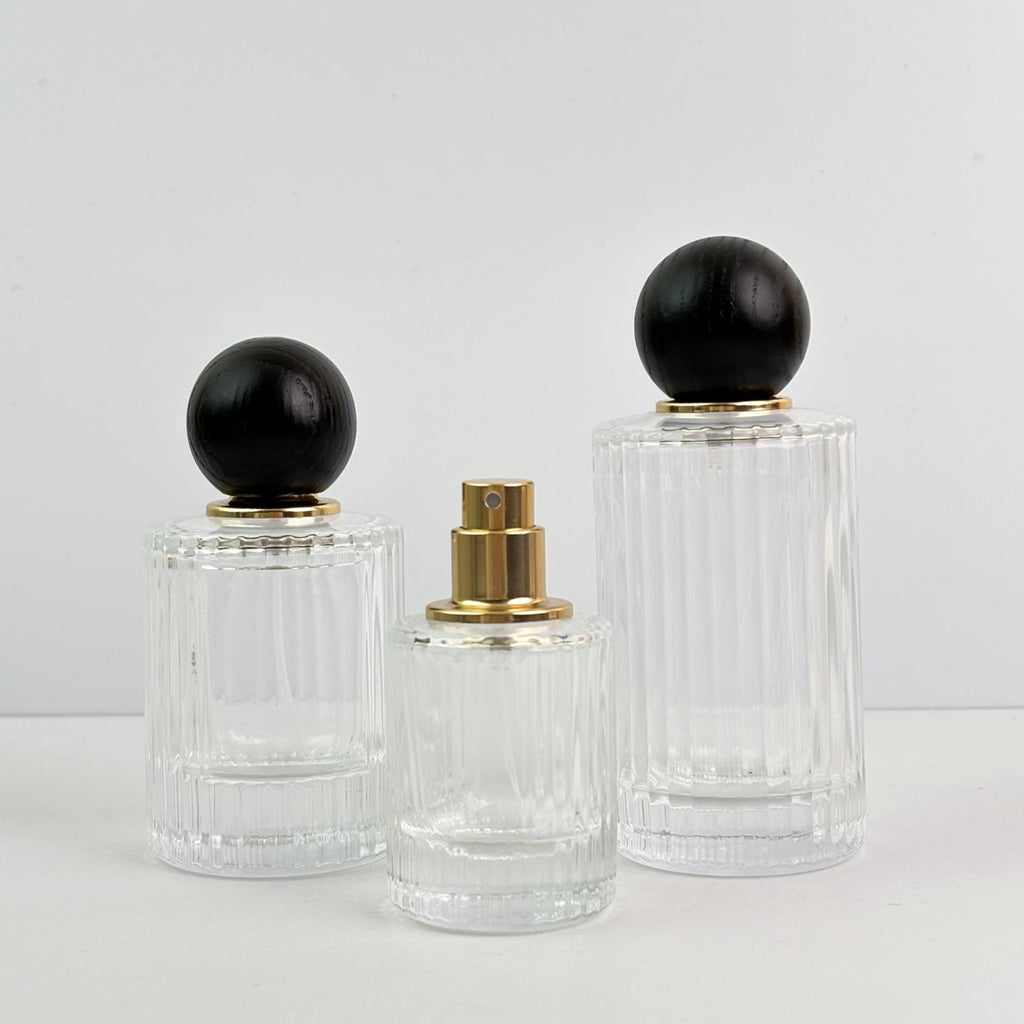 Minimalist Clear Striped Glass Spray Bottle with Wooden Ball Lid