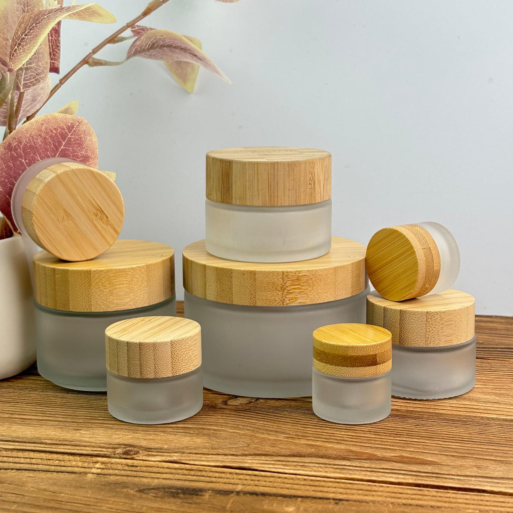 Frosted Glass Cream Jar with Bamboo Cap, Empty Cosmetic Container