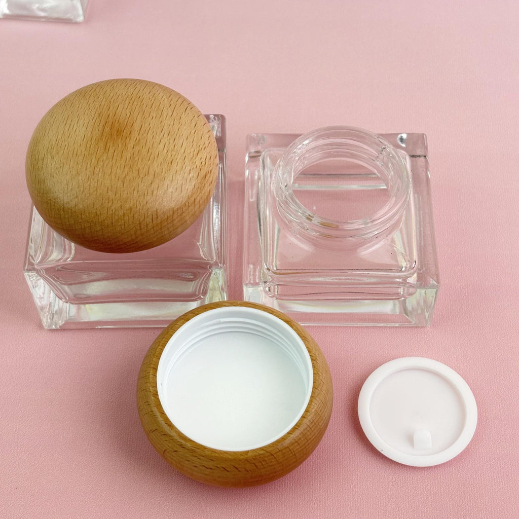 Clear Glass Cosmetic Container with Wooden Cap