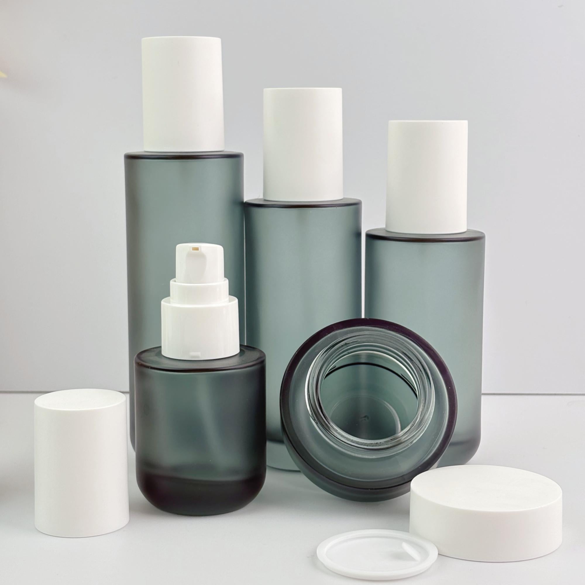 Premium Frosted Green Glass Cosmetic Bottles & Cream Jars