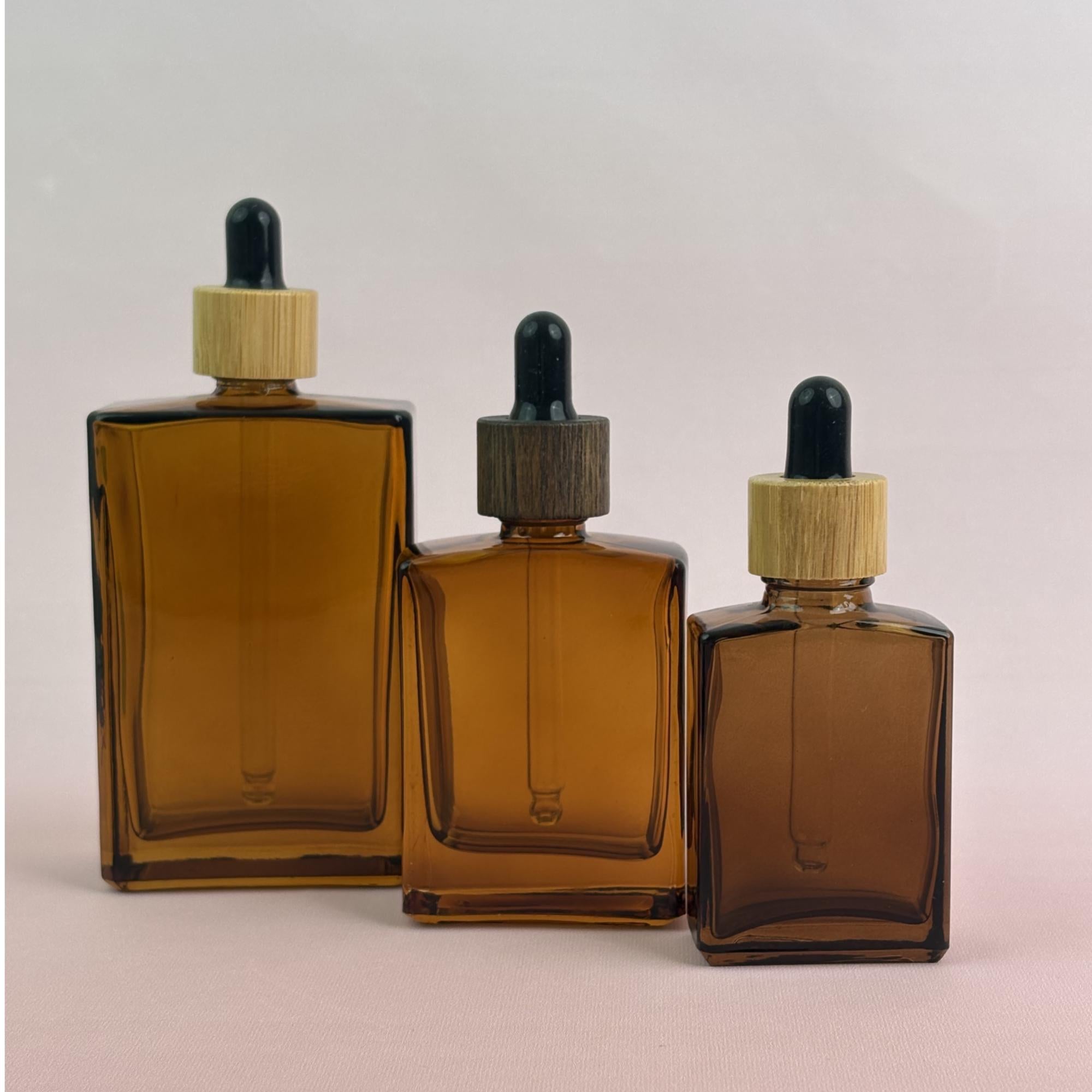 Empty Amber Glass Cosmetic Containers with Wooden Cap