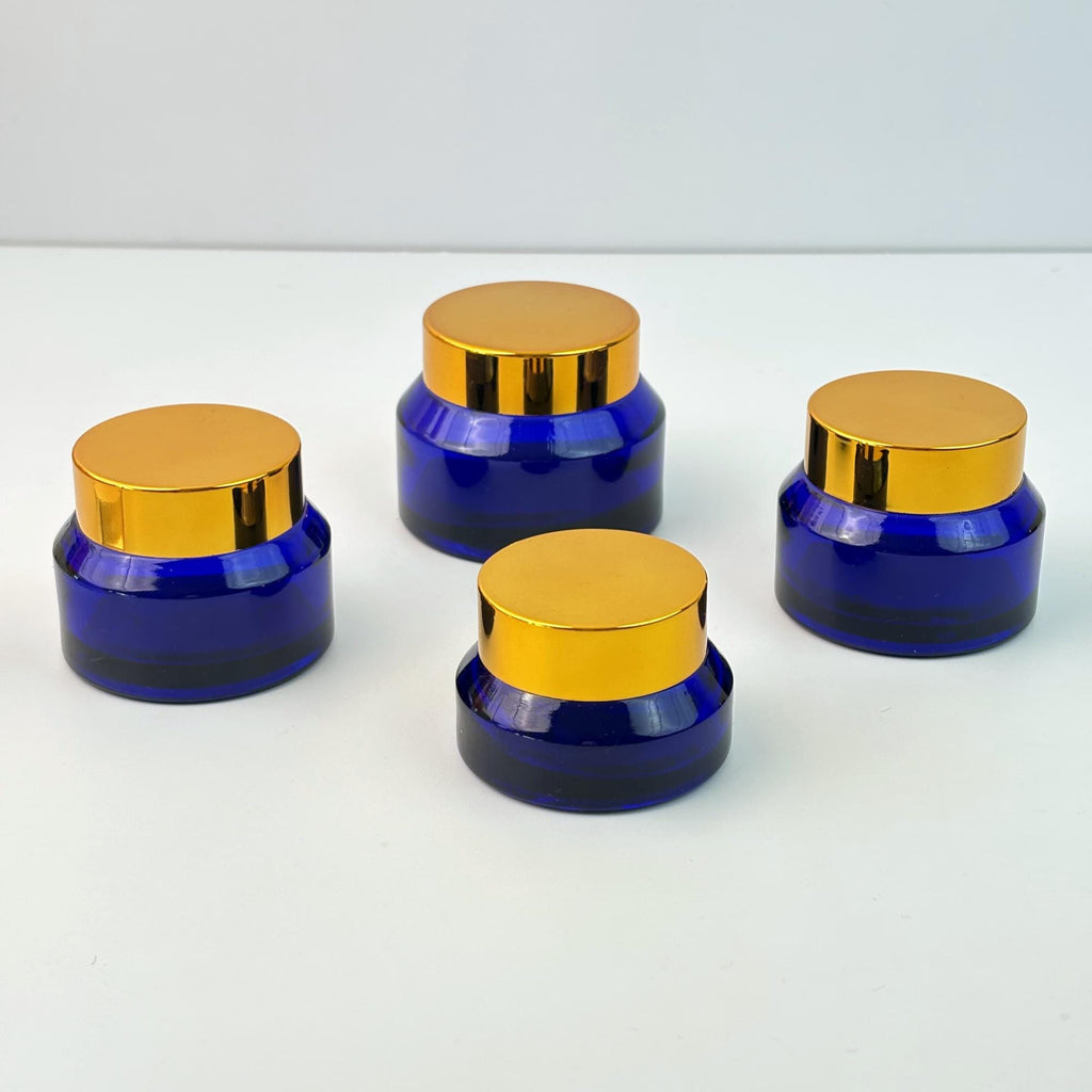 Sapphire Blue Glass Cosmetic Cream Jars with Gold Plastic Cap