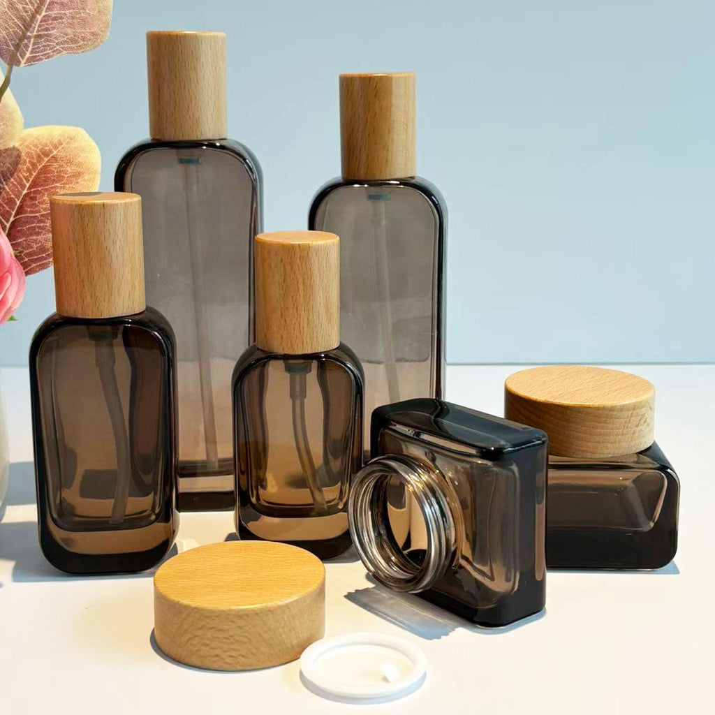 Clear Brown Cosmetic Packaging Set with Natural Wood Cap