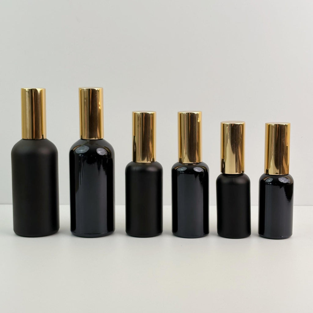 Black Glass Atomizer Bottles with Gold Cap