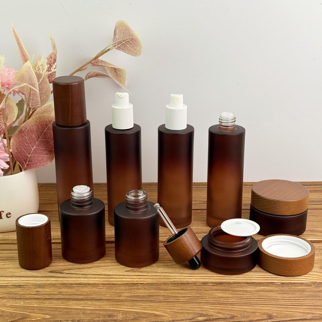 Empty Amber Frosted Glass Cosmetic Packaging