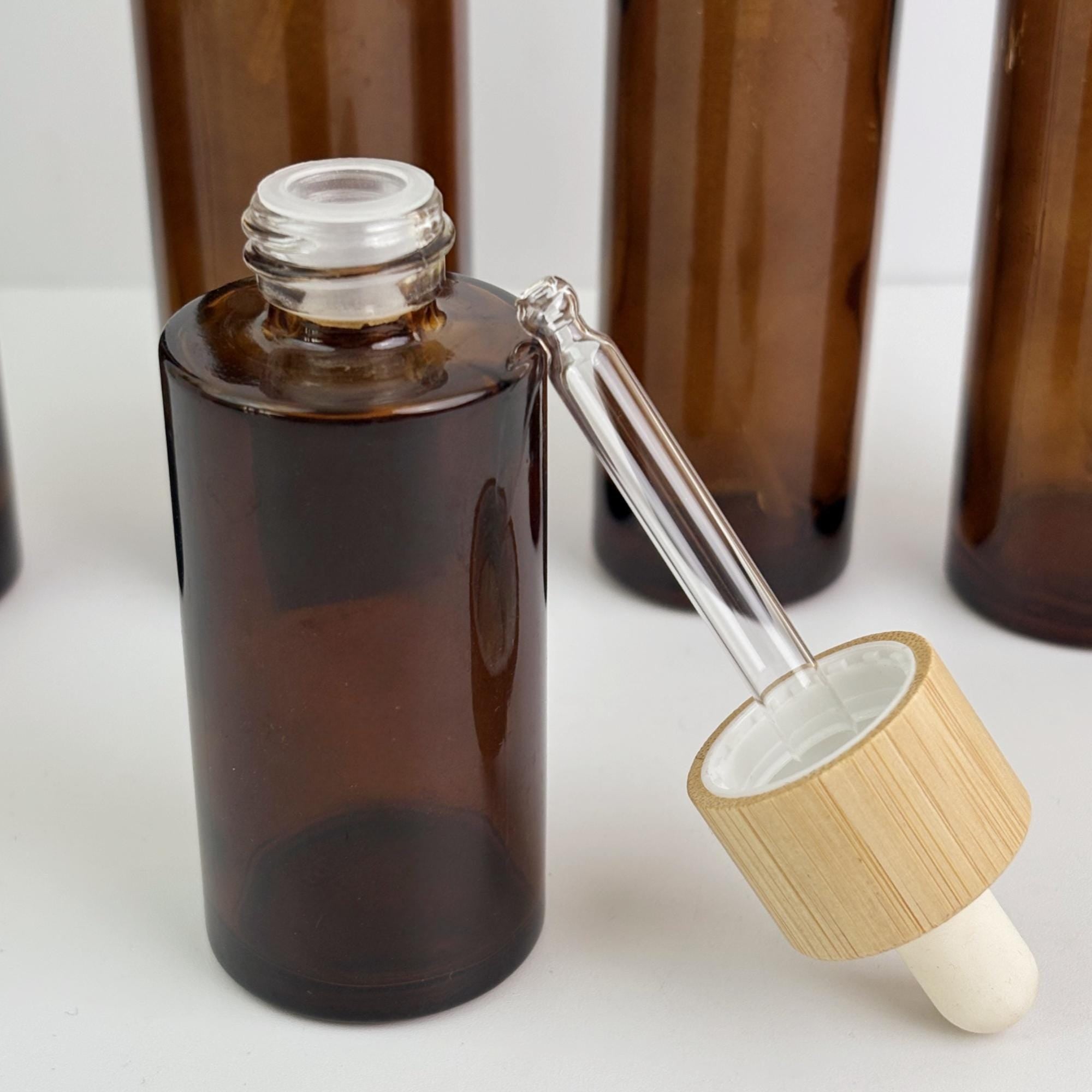 Amber Glass Bottle with Bamboo Collar Spray Lotion Pump Dropper
