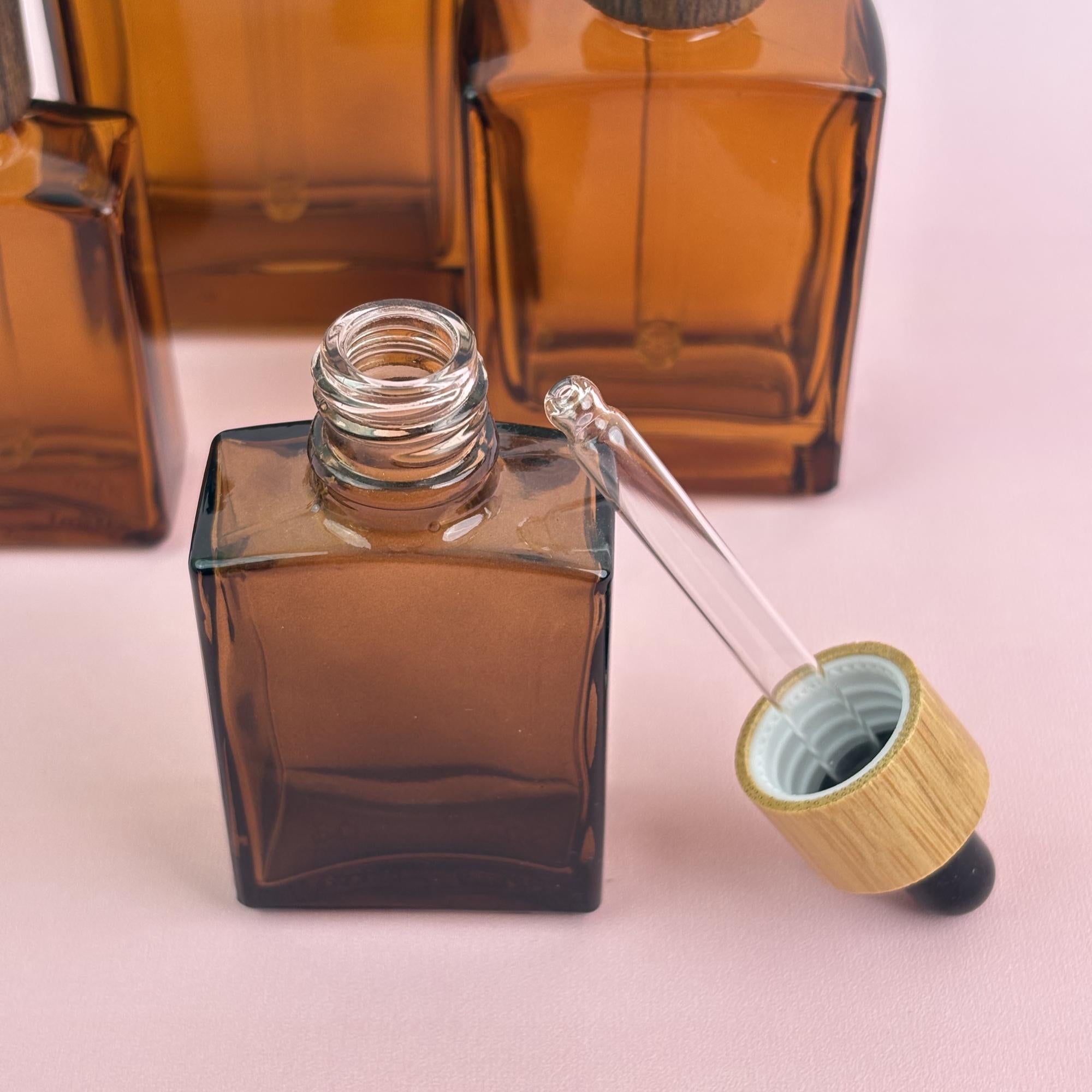 Empty Amber Glass Cosmetic Containers with Wooden Cap