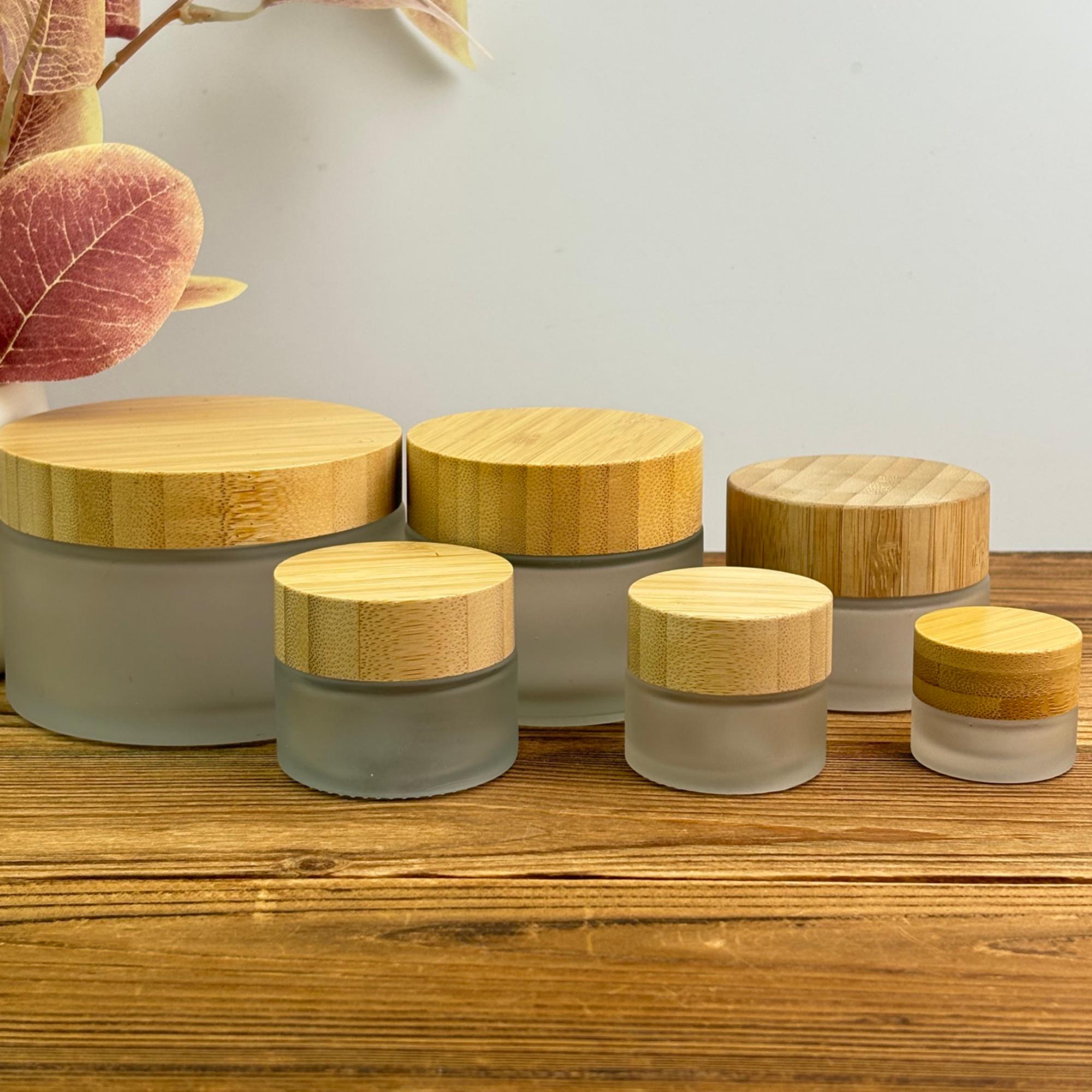 Frosted Glass Cream Jar with Bamboo Cap, Empty Cosmetic Container