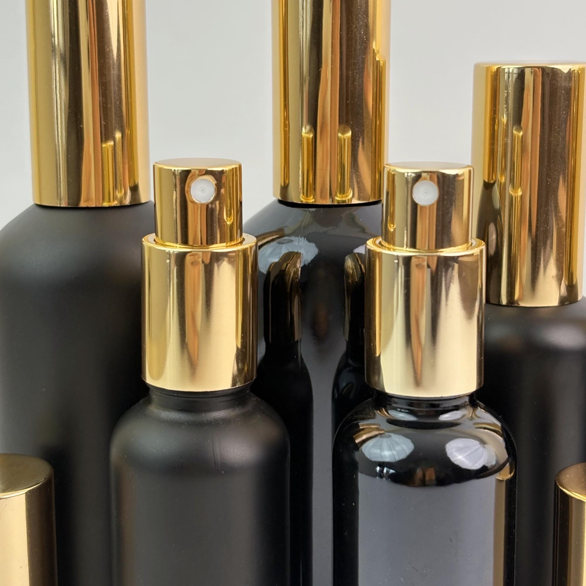 Black Glass Atomizer Bottles with Gold Cap