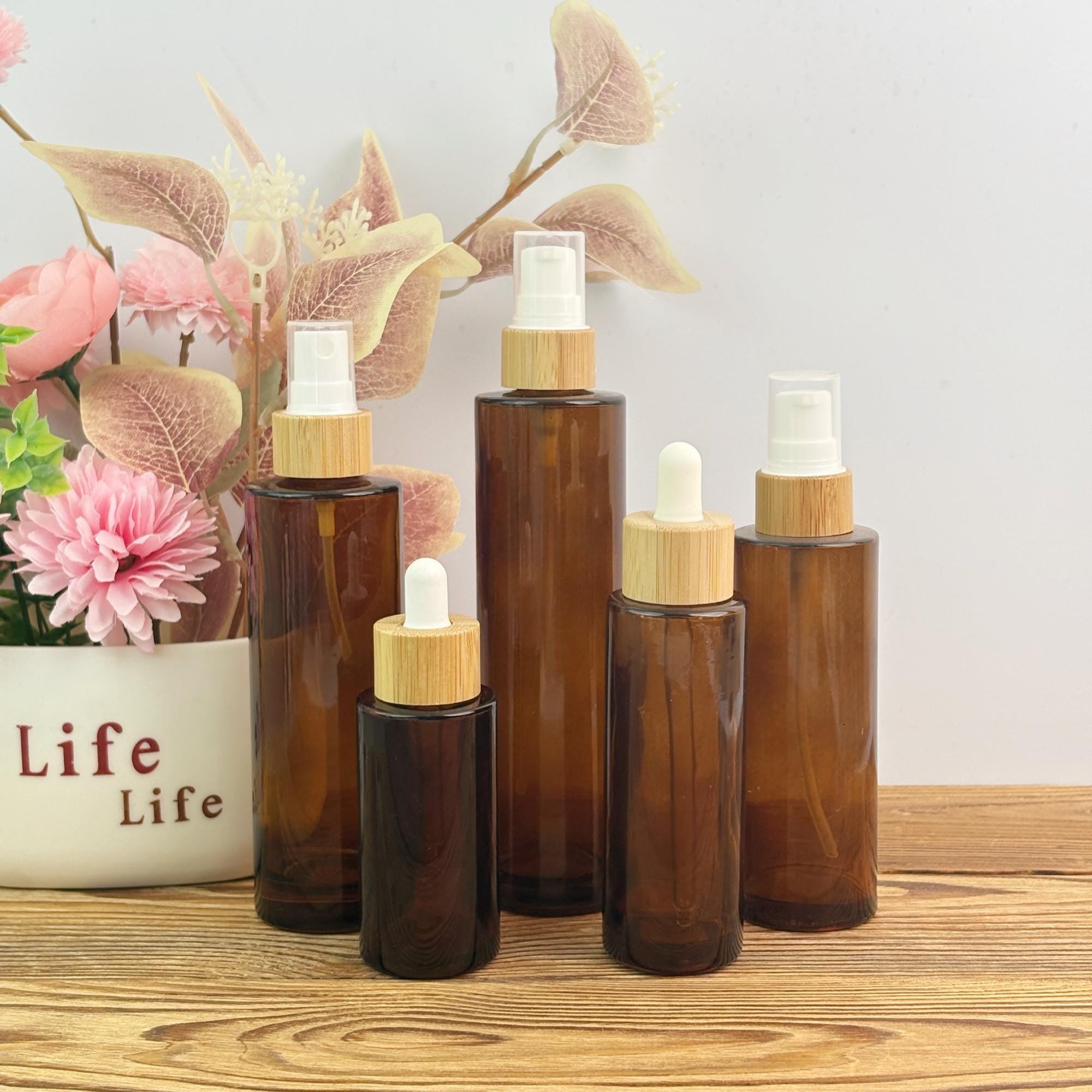 Amber Glass Bottle with Bamboo Collar Spray Lotion Pump Dropper