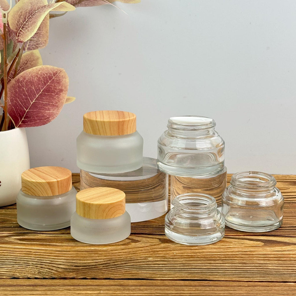 Refillable Glass Cream Jars with Wood-Look Plastic Caps