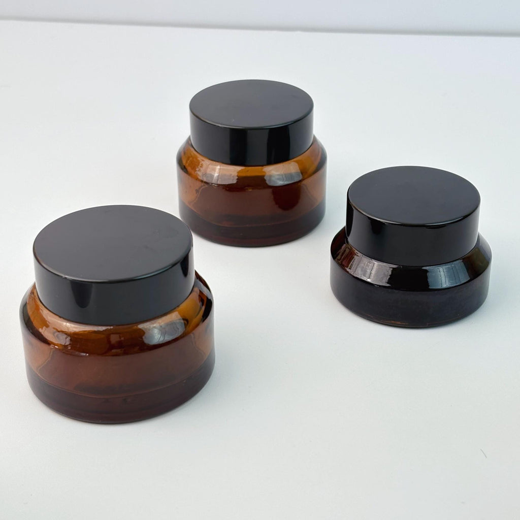 Amber Glass Cream Jars with Black Lid and Inner Liner